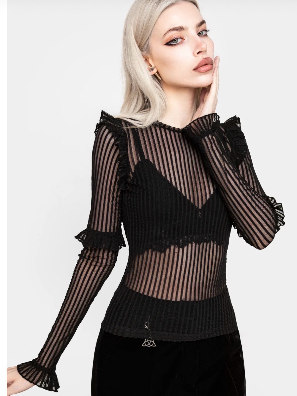 Disturbia Black Sheer Striped Ruffle Long-Sleeve Top